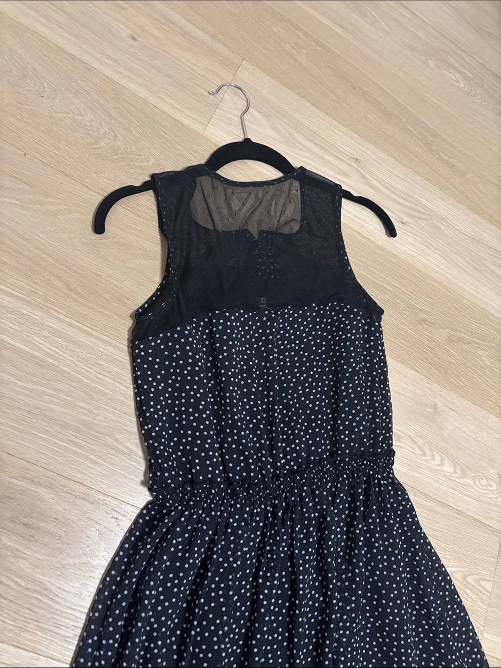 JACOB (XS) Sleeveless Black Polka Dot Midi Dress Mesh Flowy Lined Elastic Waist - Picture 13 of 15